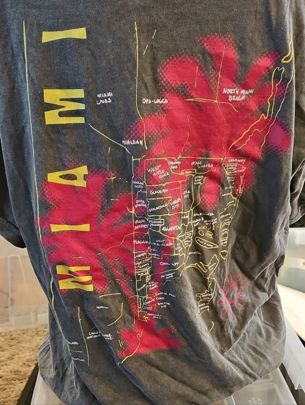 Pit Bull Miami Map Graphic Tee - Dark Gray with Red & Yellow Print Vintage